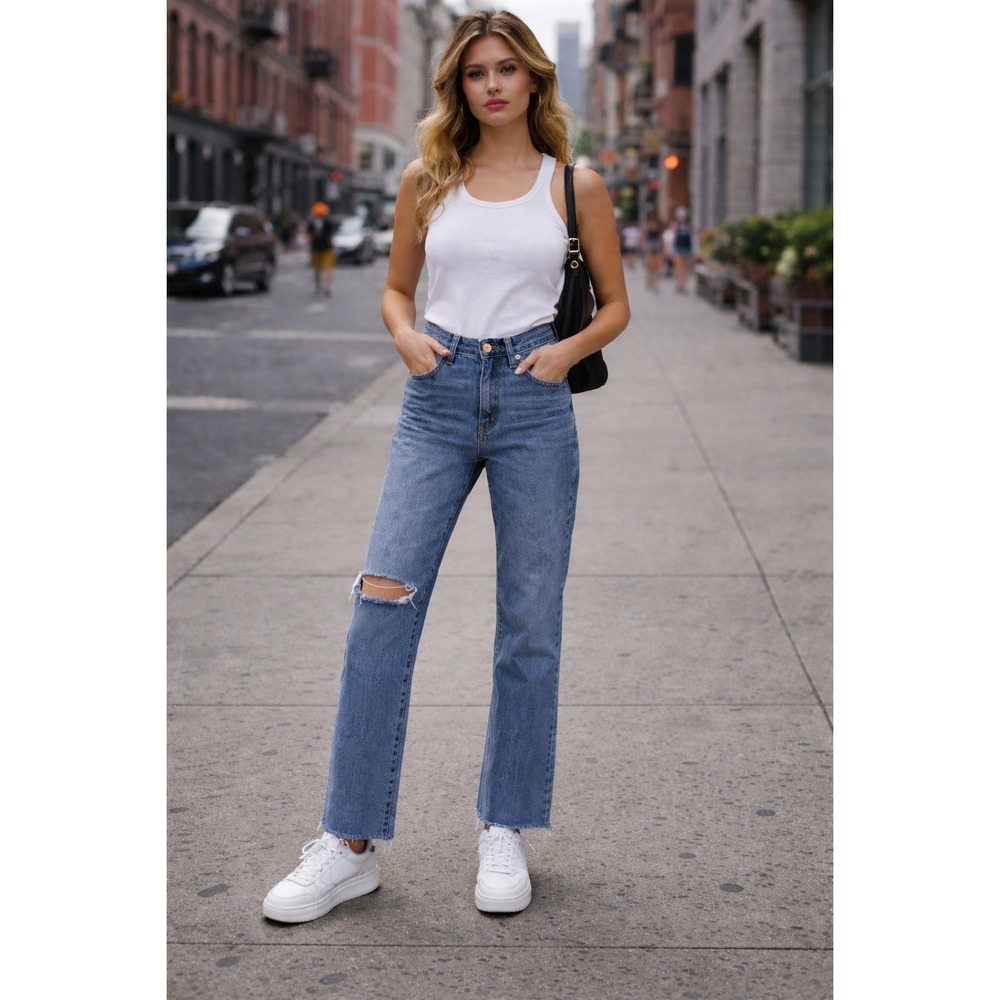 Madewell Slim Demi-Boot Jeans Blue Raw Hem Size 26 Womens Denim‎ Pants Stretch